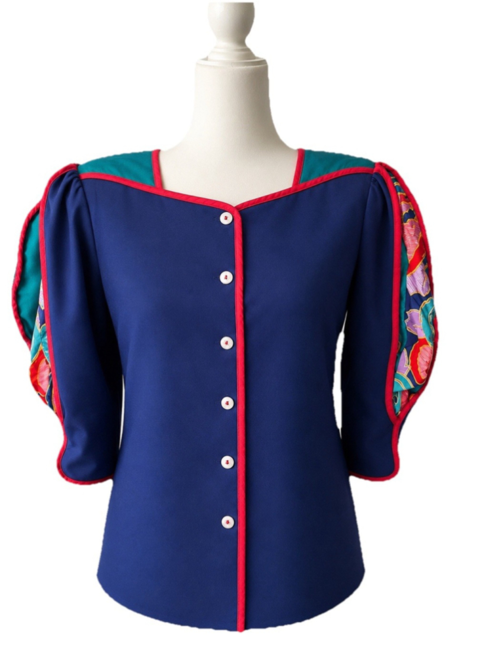 VTG 80s Jeanne Marc Quilted Colorblock Blouse Jacket Womens M 12/14 Puff Sleeve